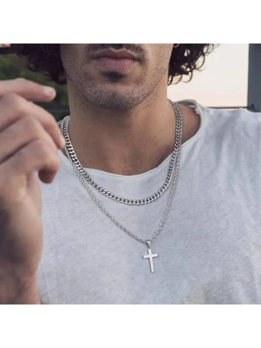 Layered Cross Necklaces for Men - 18K Gold & Silver Rope Chains, Perfect Gifts